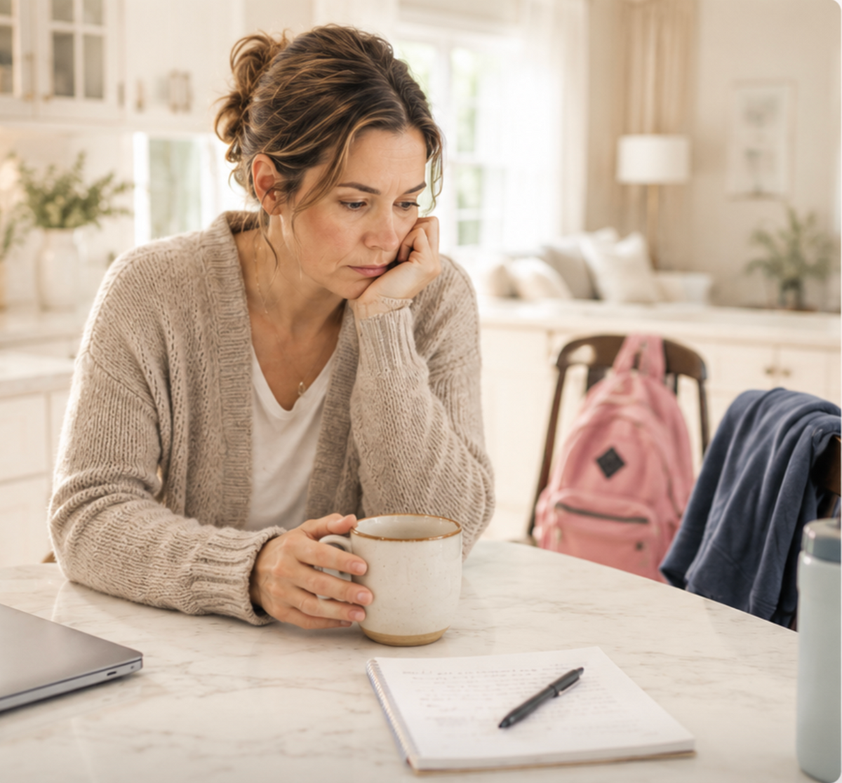 Mom at kitchen table, thoughtful