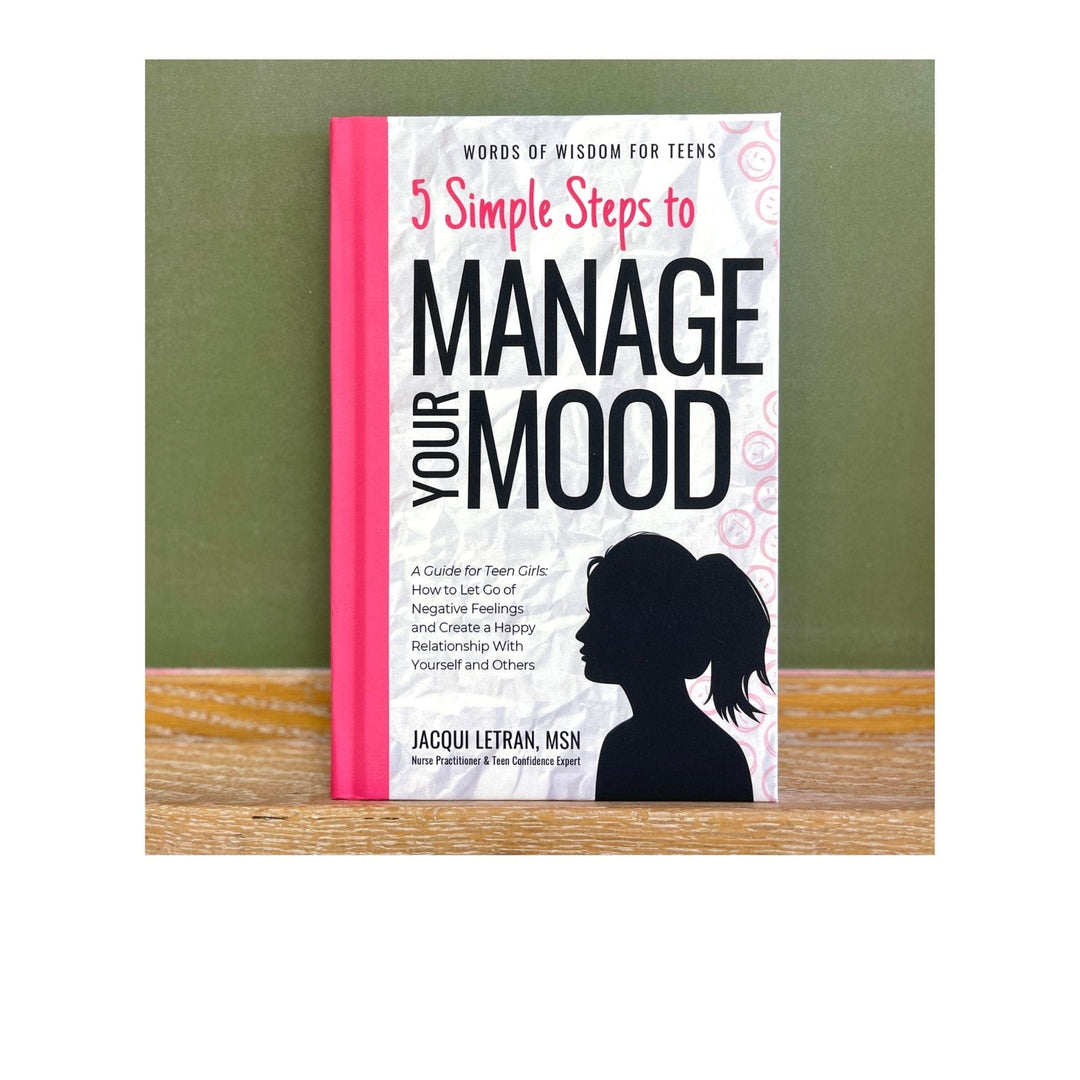 Hardcover book for teen girls titled Teen Girls: 5 Simple Steps to Manage Your Mood, navy blue cover with embossed gold