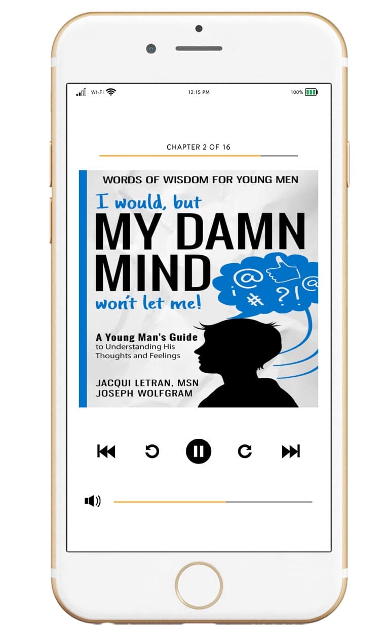Image of audiobook “I would, but MY DAMN MIND won’t let me!” for teen boys, shown on an iPhone.