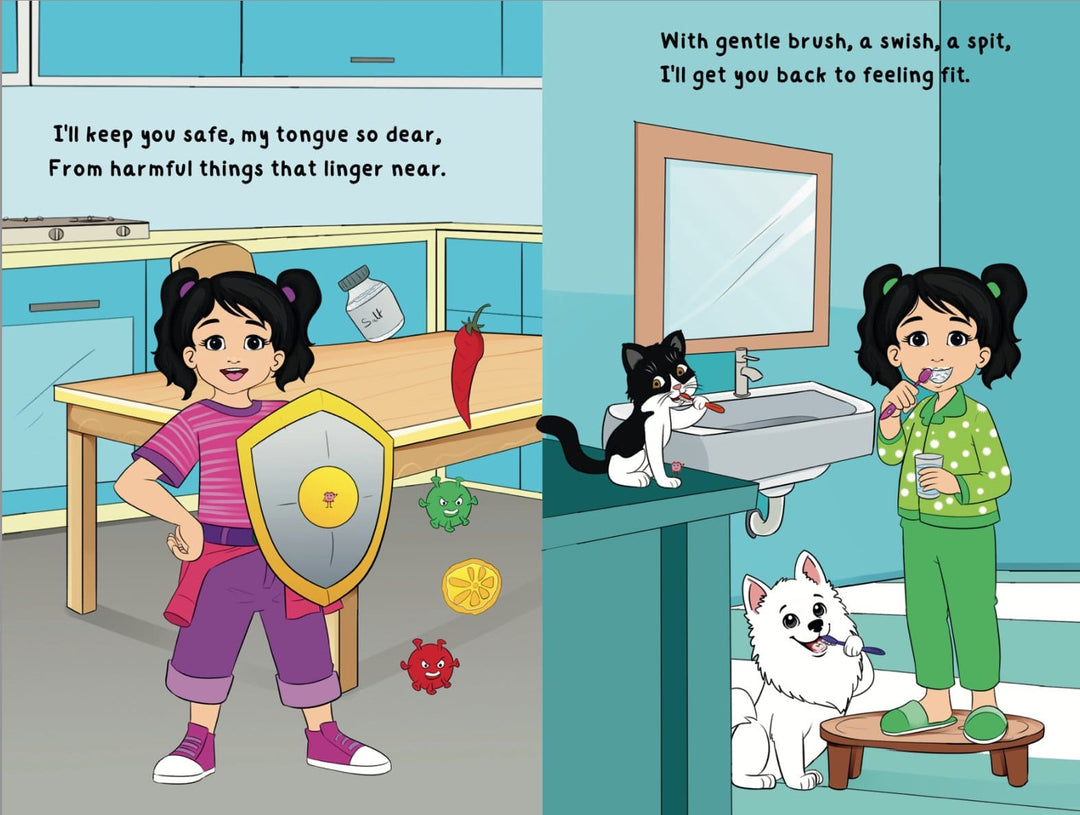 Close-up of the hardcover's textured matte navy-blue cover with embossed title "Have You Ever Thanked Your Tongue?" in