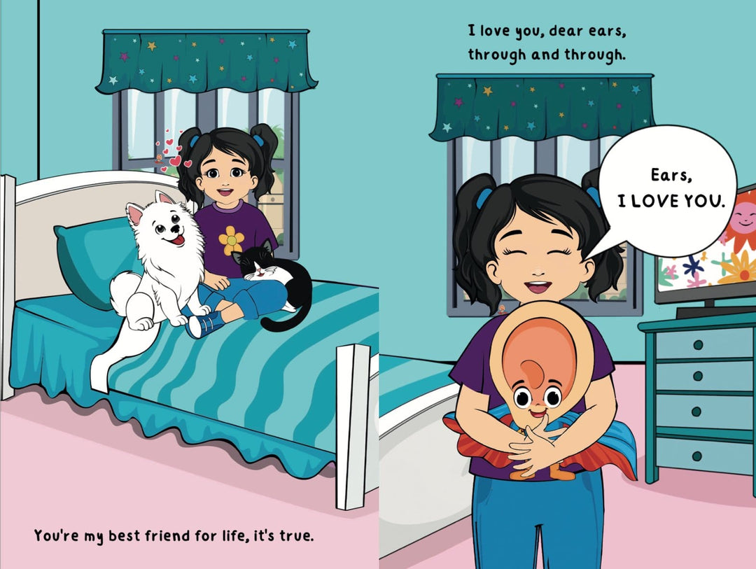 Close-up of the hardcover's textured fabric cover with embossed title "Have You Ever Thanked Your Ears?" visible at the