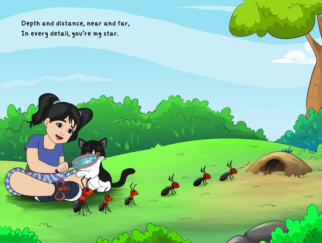 Close-up of the hardcover's textured fabric cover with embossed title and colorful character illustrations along the spine