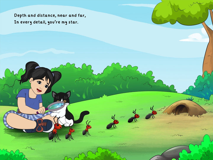 Close-up of the hardcover's textured fabric cover with embossed title and colorful character illustrations along the spine