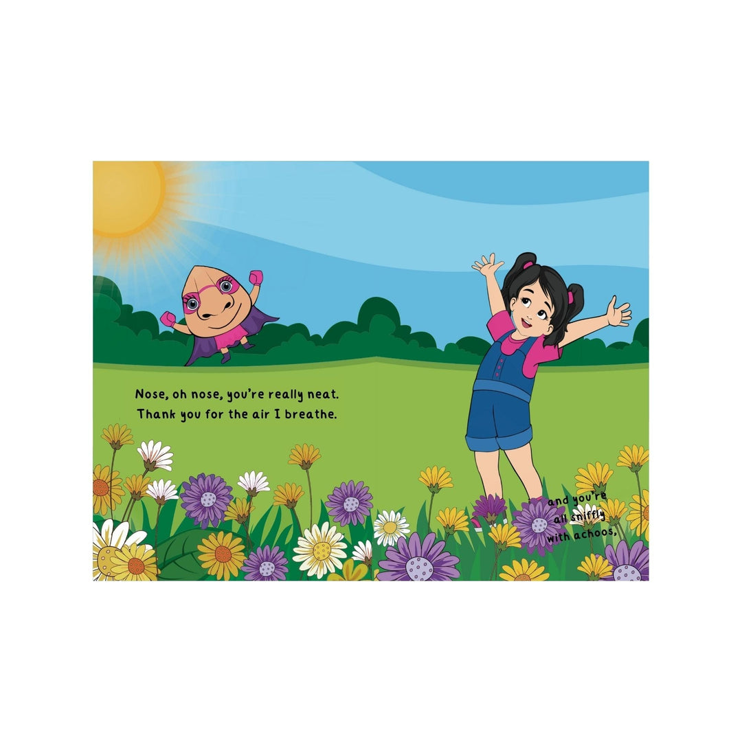 Close-up of textured hardcover cover featuring embossed title and colorful illustrations on the spine and edges.