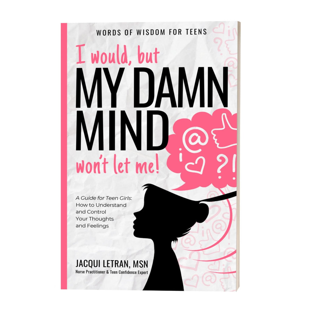 Close-up of the spiral journal's textured cover with "Damn Mind" embossed lettering in vibrant pink, featuring visible coil