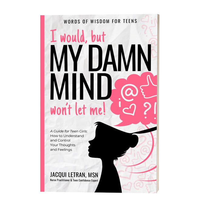 Close-up of the spiral journal's textured cover with "Damn Mind" embossed lettering in vibrant pink, featuring visible coil