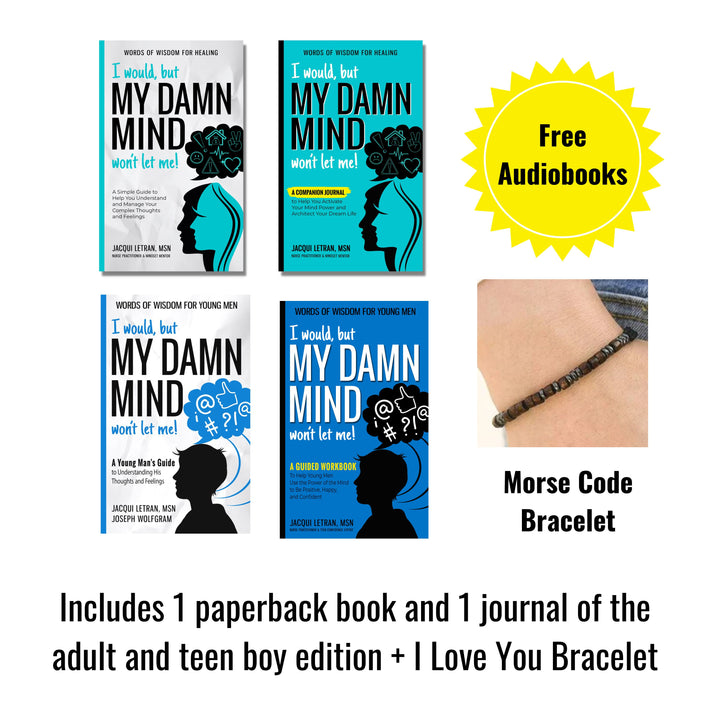 mother and son book and journal bundle 'I would, but My Damn Mind wont let me' with a bracelet and text about free audiobooks and Morse Code Bracelet. 