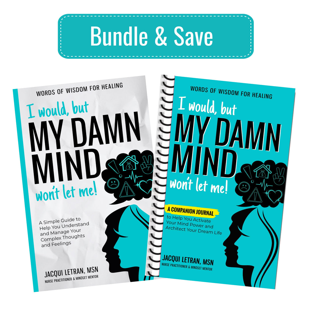 I would, but My Damn Mind Won't Let Me' book and spiral journal for adults by Jacqui Letran on a white background with a teal "bundle and save" banner at the top.