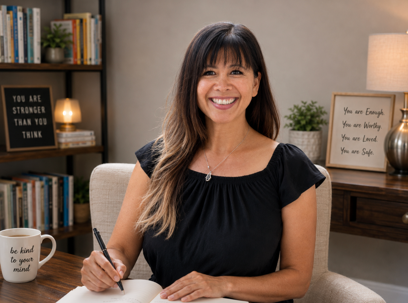Author Jacqui Letran sitting at a desk with a pen and notebook, smiling in a home office setting.