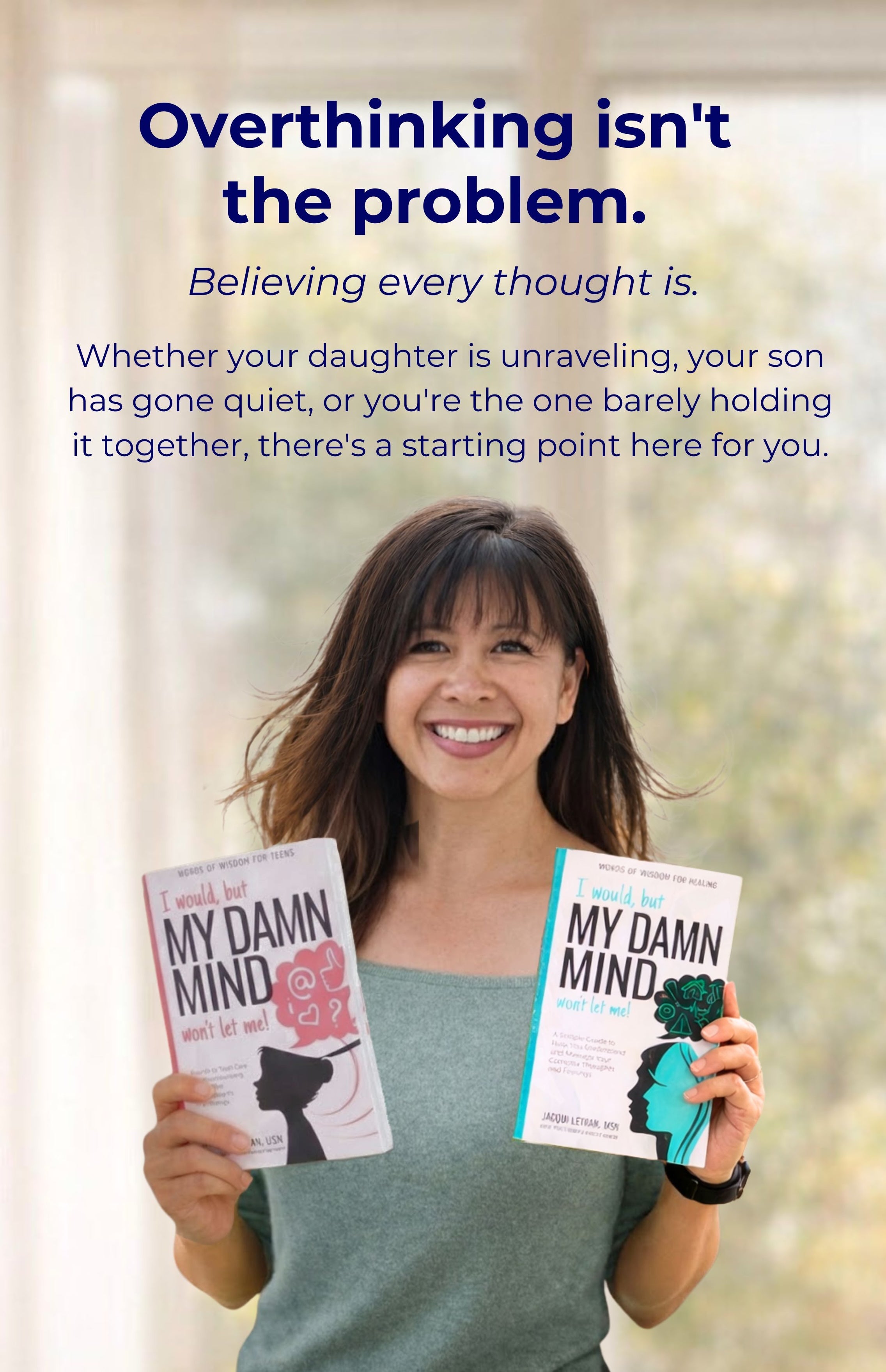 Author Jacqui Letran holding i would but my damn mind wont let me books for teen girls and for adults