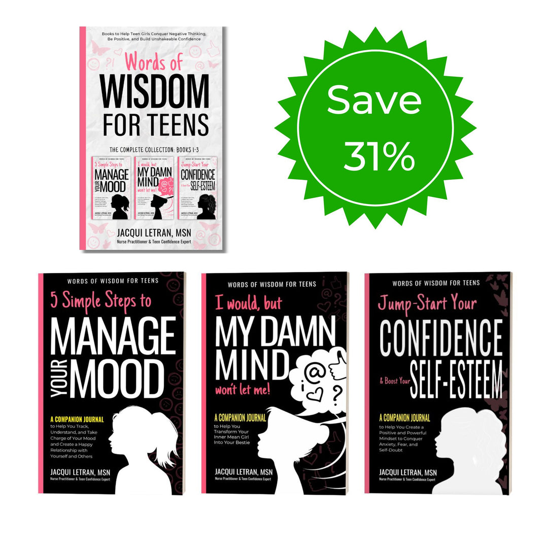 Image of the Words of Wisdom for Teens Book, plus 3 companion journals and a 31% Sale sign.

