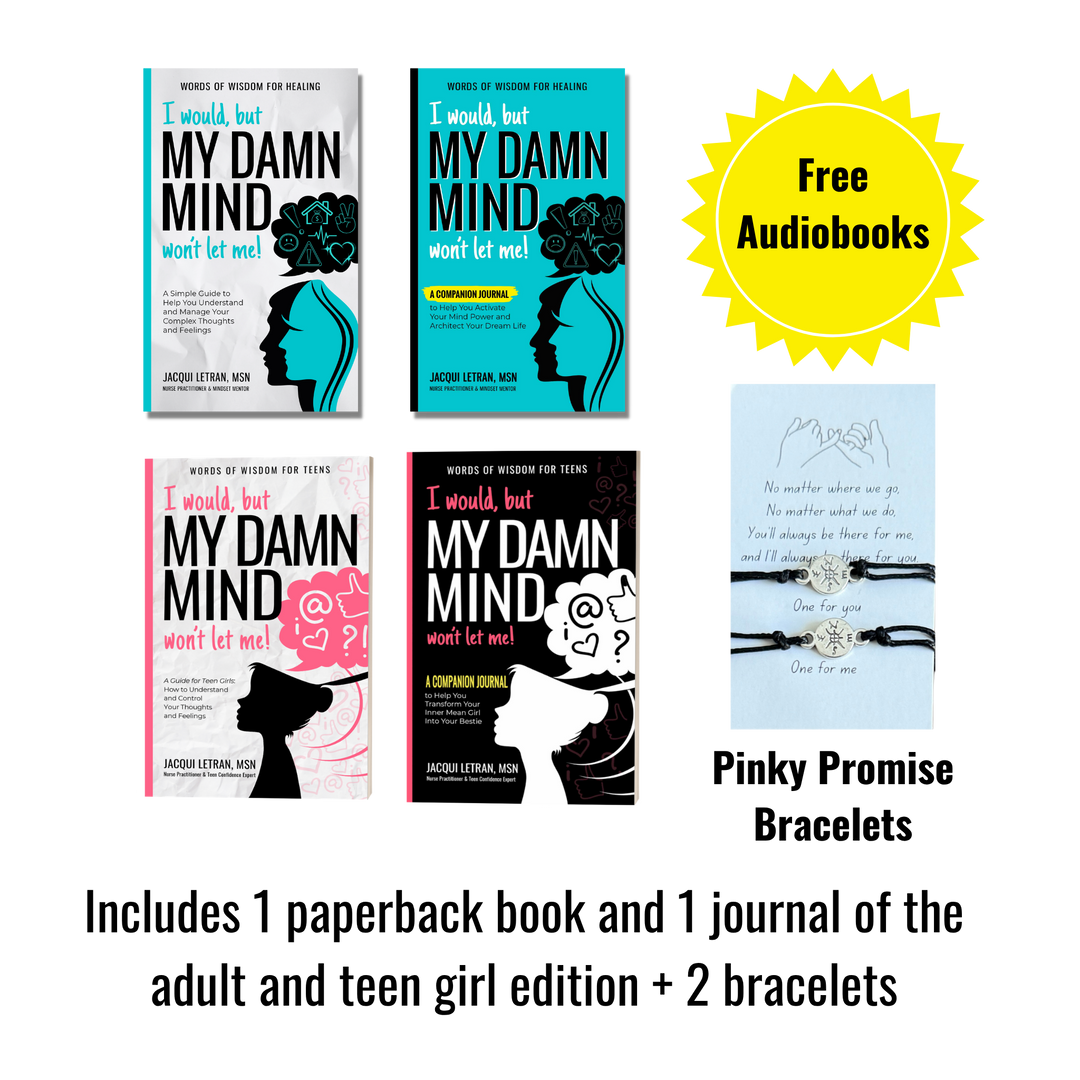 Promotional graphic for 'My Damn Mind' book set for mother and daughter with audiobooks and bracelets on a white background