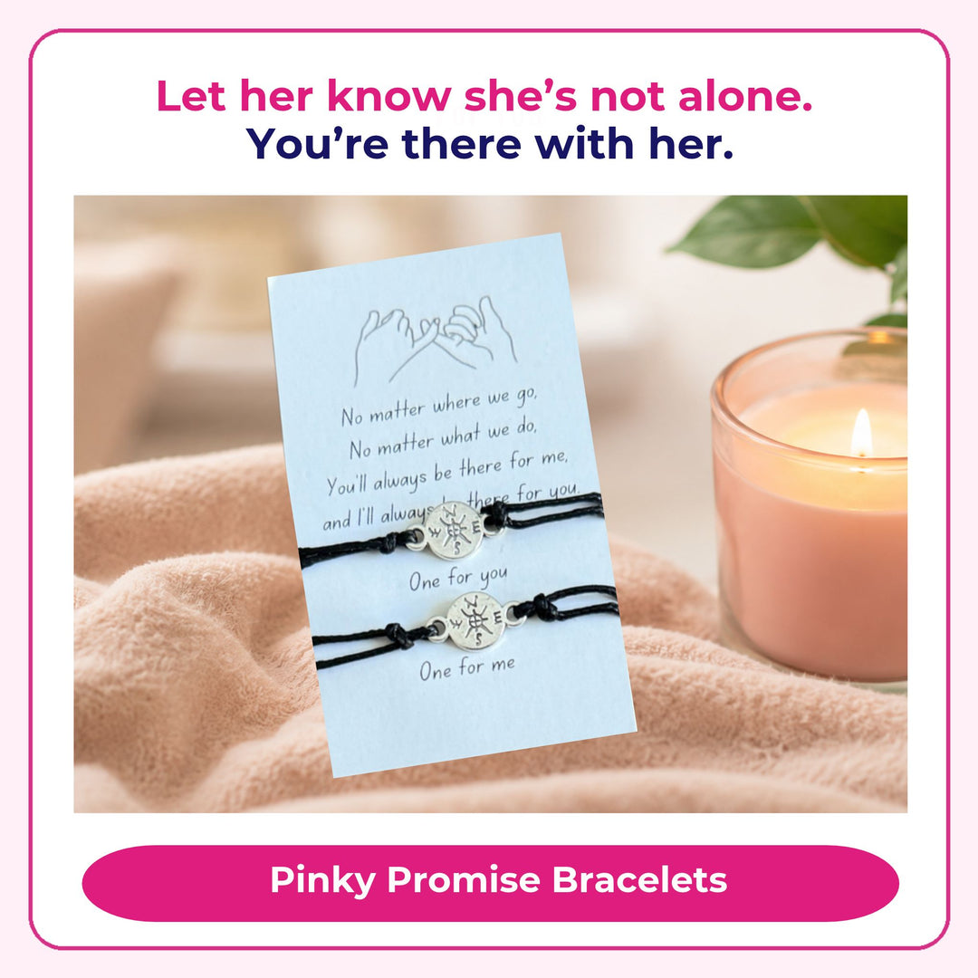 Two black bracelets with compass charms on a light blue card with text, mother daughter bracelets