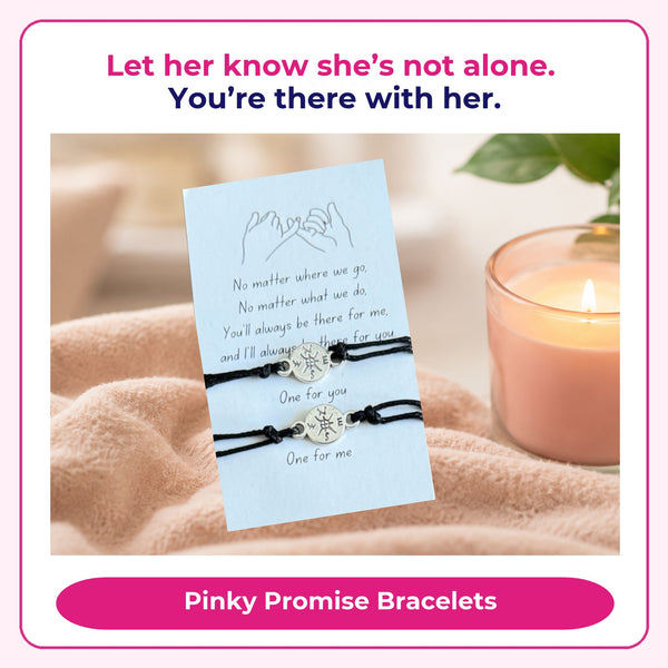 Two black bracelets with compass charms on a light blue card with text, mother daughter bracelets