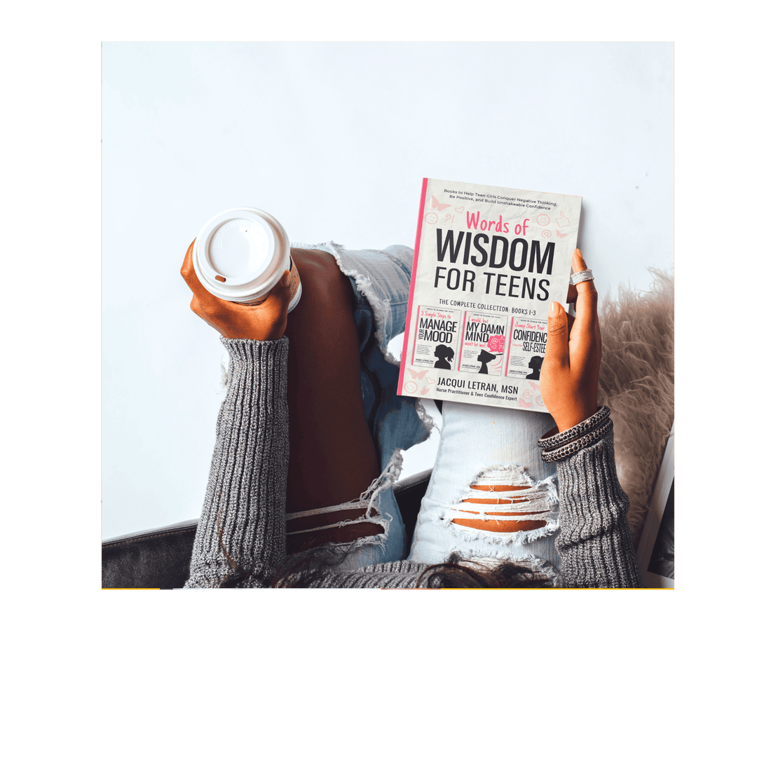 Close-up of the "Words of Wisdom for Teens" logo embossed on the textured navy-blue book cover, highlighting engraved