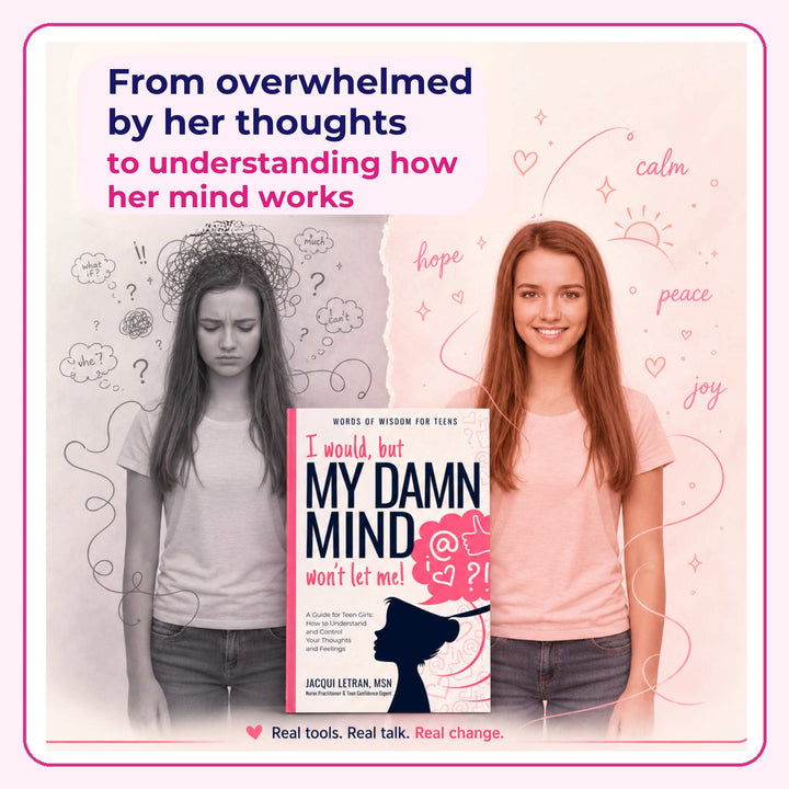 before and after image of a teen girl with book I would but my damn mind wont let me in the middle

