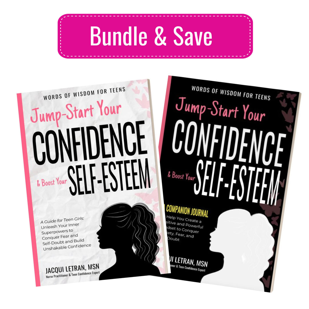 'Jump-Start Your Confidence and Boost Your Self-Esteem' book and journal for teen girls  by Jacqui Letran on a white background with a pink banner at the top.