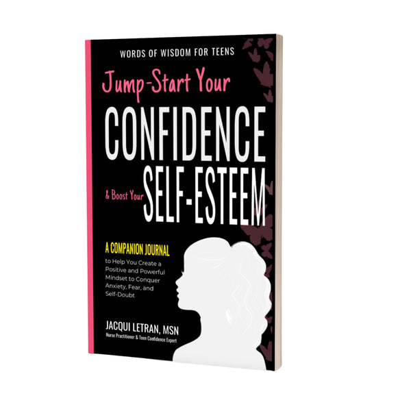 Book titled 'Jump-Start Your Confidence & Boost Your Self-Esteem' for teen girls with a silhouette design on a white background