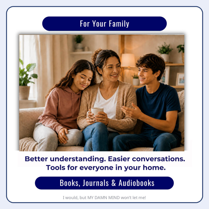 Family sitting together on a couch with a woman holding a mug, surrounded by  her daughter and son in
 a cozy living room.