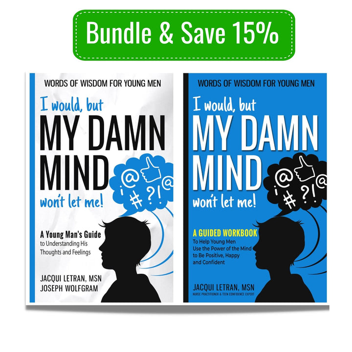 Jacqui Letran Teen Boys paperback book and workbook bundle with blue and gray covers, standard size, textured paper pages