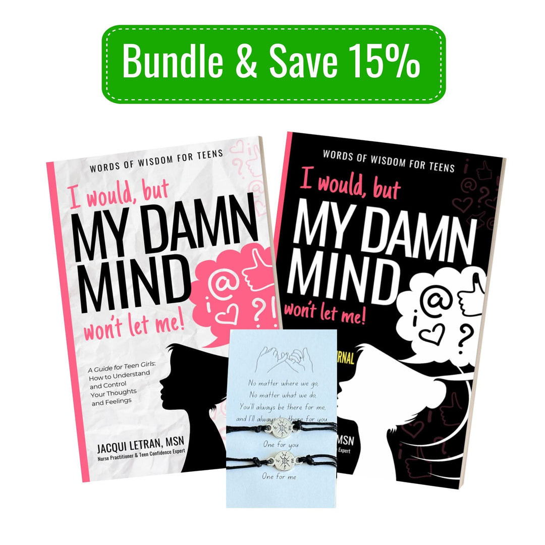 Teen Girls Damn Mind paperback book, guided journal, and silver plated bracelet with rose quartz gemstone, chain length 7