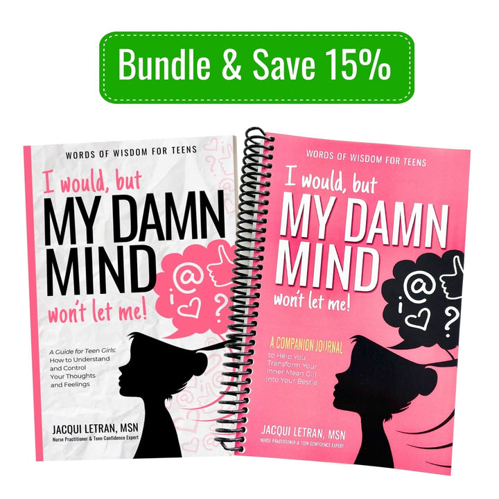 Teen Girls Damn Mind paperback book with colorful cover and spiral journal with pink and purple pages, Jacqui Letran branding