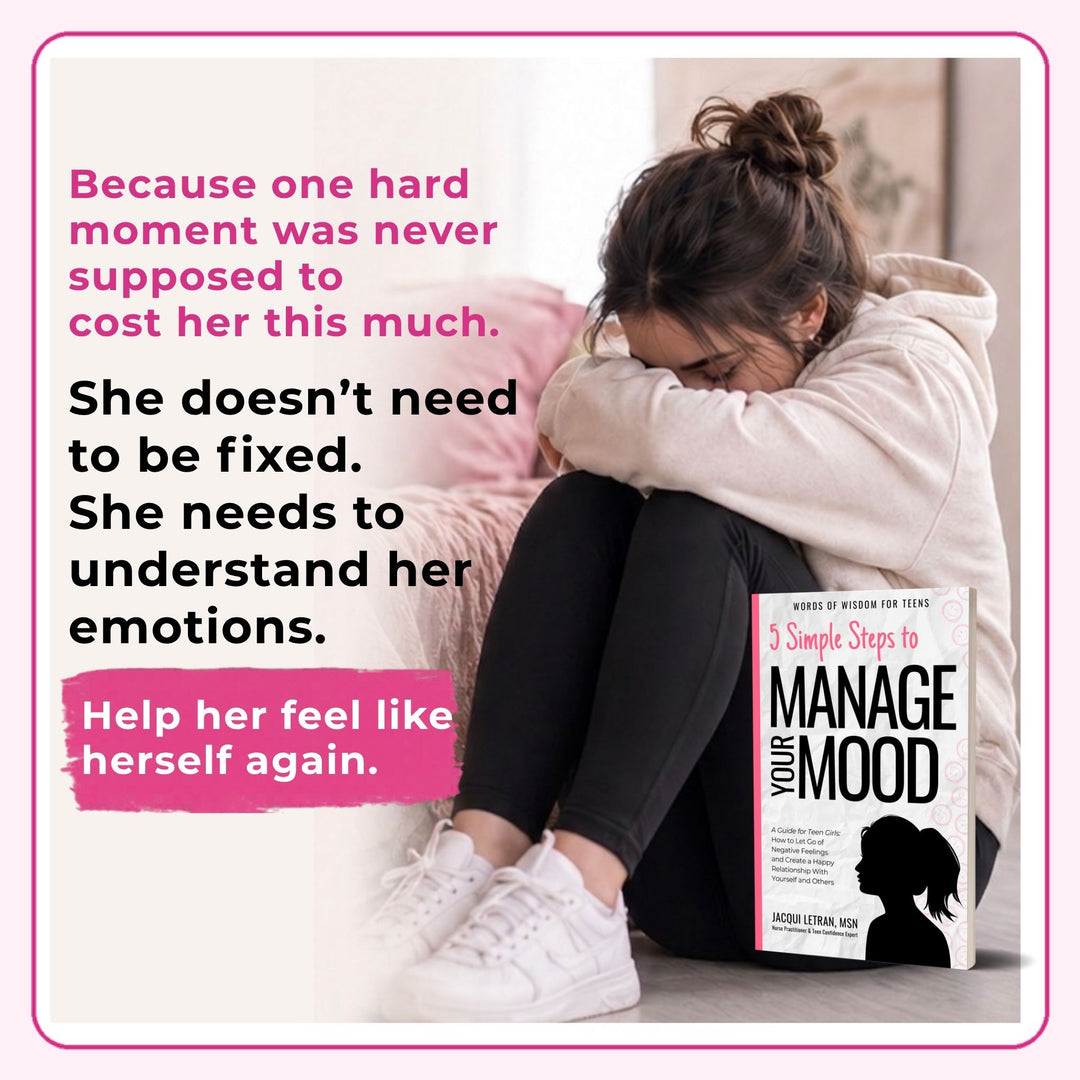 Teen girl sitting on the floor holding 5 Simple Steps to Manage Your Mood, a self-help book for teen girls by Jacqui Letran