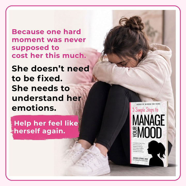 Teen girl sitting on the floor holding 5 Simple Steps to Manage Your Mood, a self-help book for teen girls by Jacqui Letran