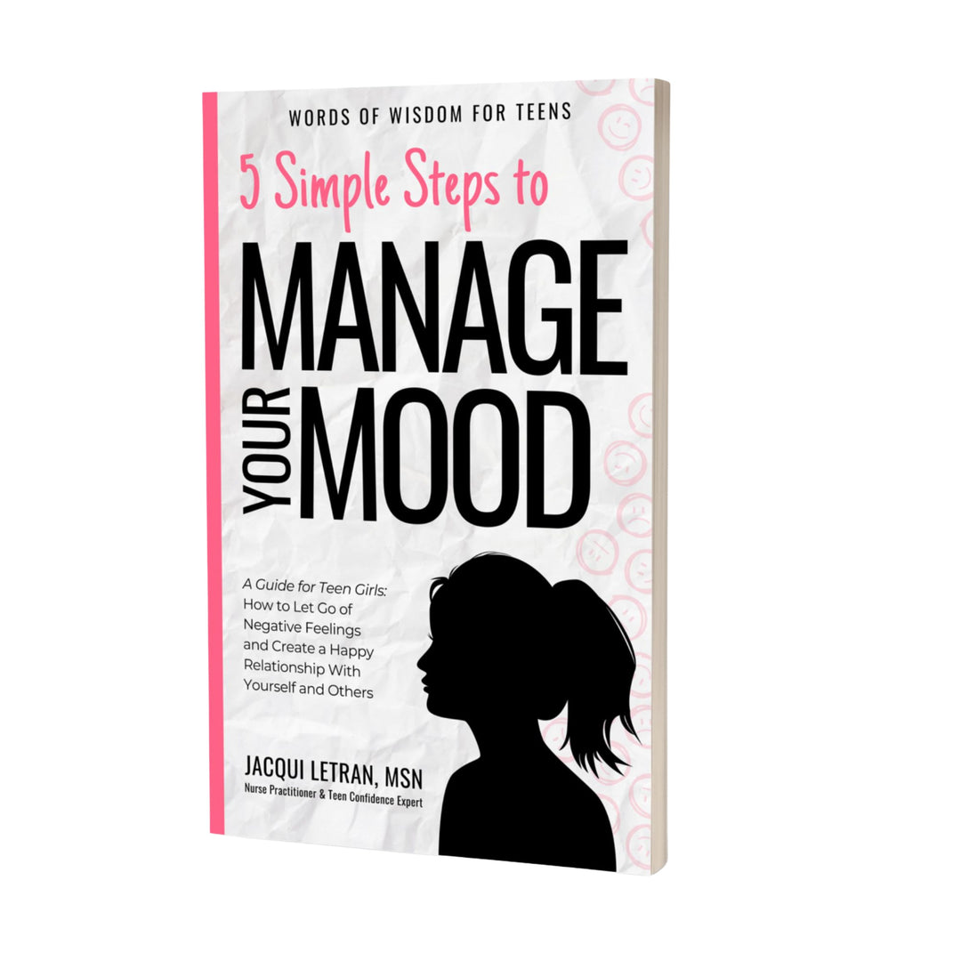 Book cover of '5 Simple Steps to Manage Your Mood' for teens with a silhouette of a girl on a white background.