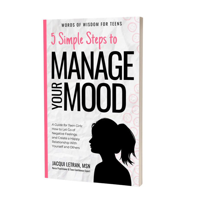 Book cover of '5 Simple Steps to Manage Your Mood' for teens with a silhouette of a girl on a white background.