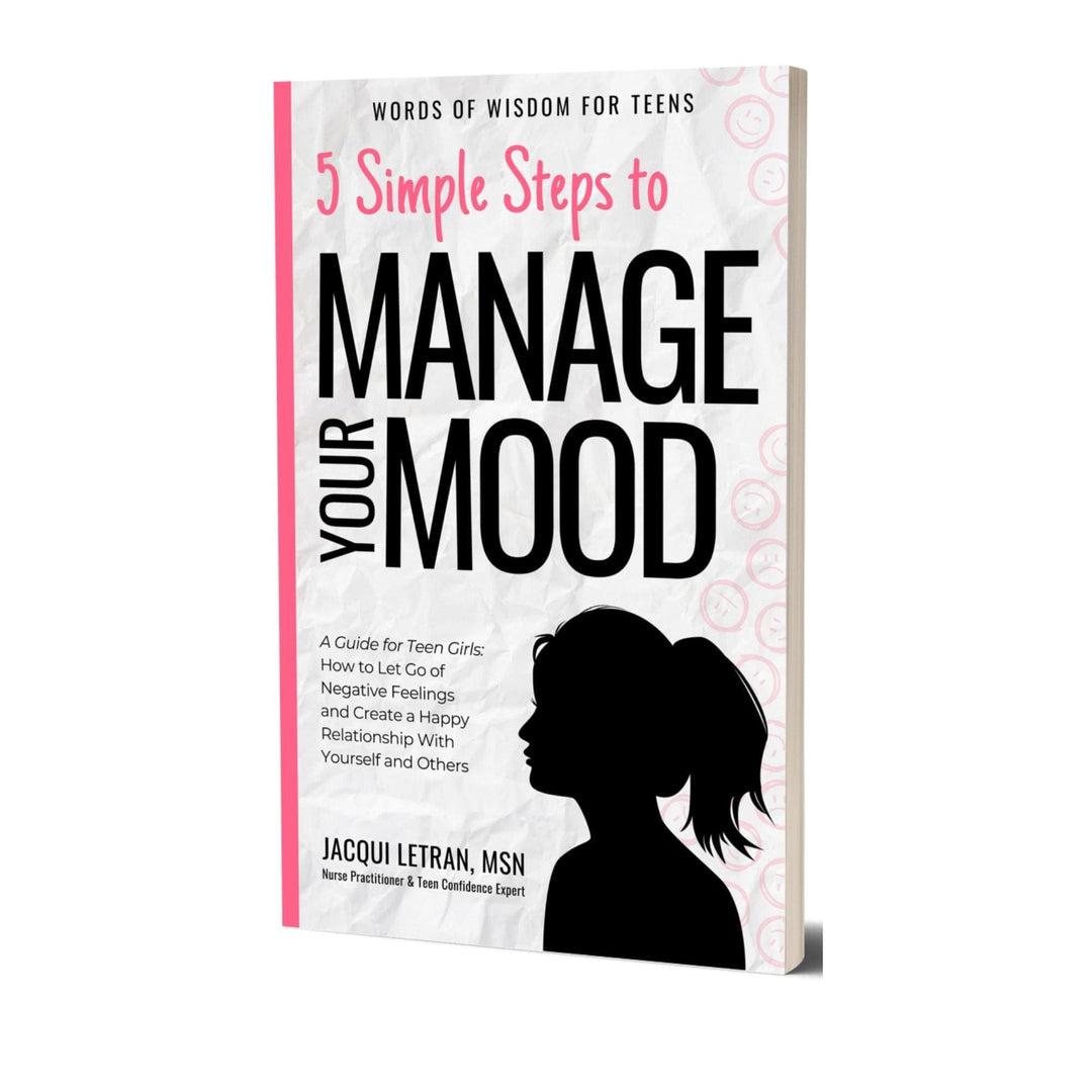 Teen Girls paperback book titled 5 Simple Steps to Manage Your Mood, soft matte cover with pink and purple illustrations