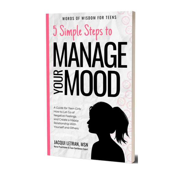 Teen Girls paperback book titled 5 Simple Steps to Manage Your Mood, soft matte cover with pink and purple illustrations