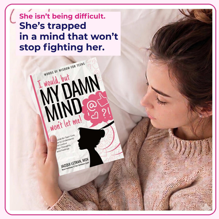 teen girl holding I would but my damn mind wont let me book for teen girl self esteem.