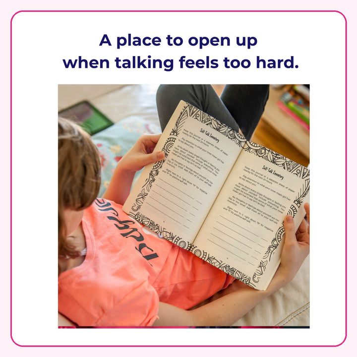 Teen girl reading the Self-Talk Inventory pages in the I would, but MY DAMN MIND won&