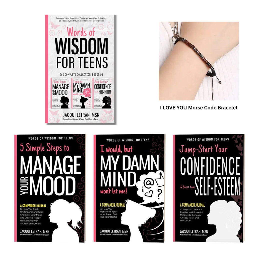 The Ultimate Confidence-Building Bundle for Teen Girls book and 3 journals by Jacqui Letran, soft matte finish paperback with morse code bracelet