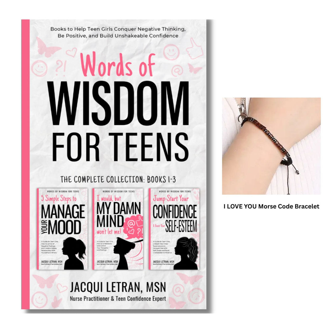 Jacqui Letran Teens Words of Wisdom paperback book set with colorful covers and an silver-tone inner compass bracelet