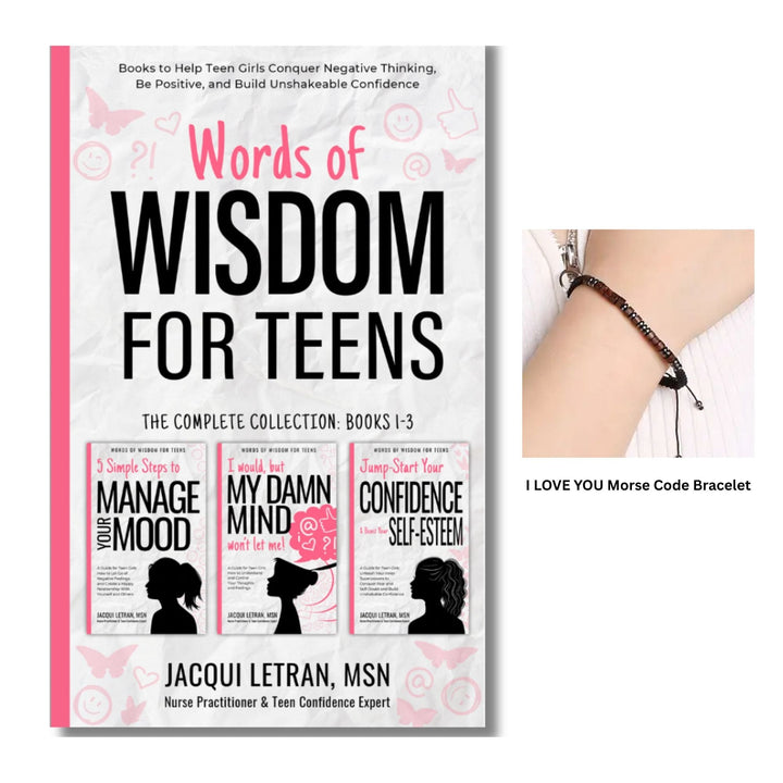 Jacqui Letran Teens Words of Wisdom paperback book set with colorful covers and an silver-tone inner compass bracelet