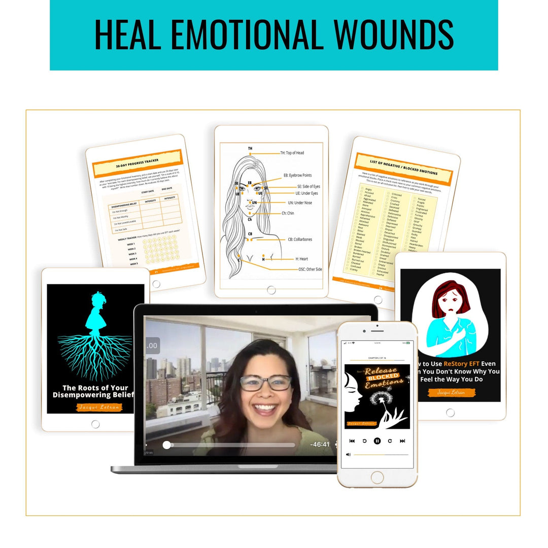 ReStory EFT course booklet with colorful pages, spiral binding, Jacqui Letran branding, and healing exercises on glossy paper