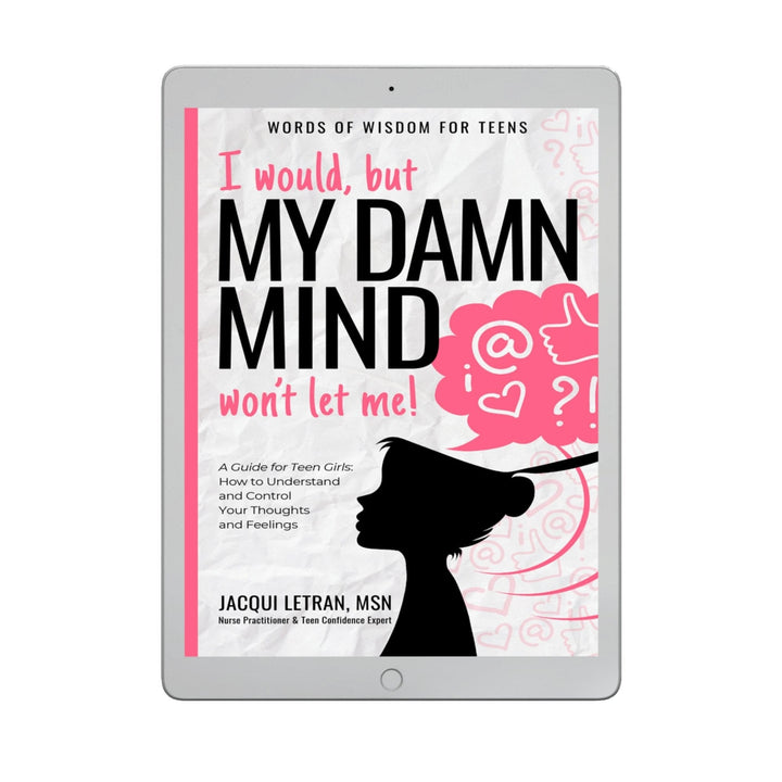 Ebook cover titled Girls: I would, but MY DAMN MIND won't let me! shown on an ipad