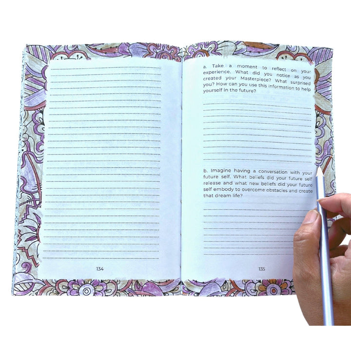 Close-up of the spiral journal’s textured cover with lined pages visible beneath, showcasing its portability and compact