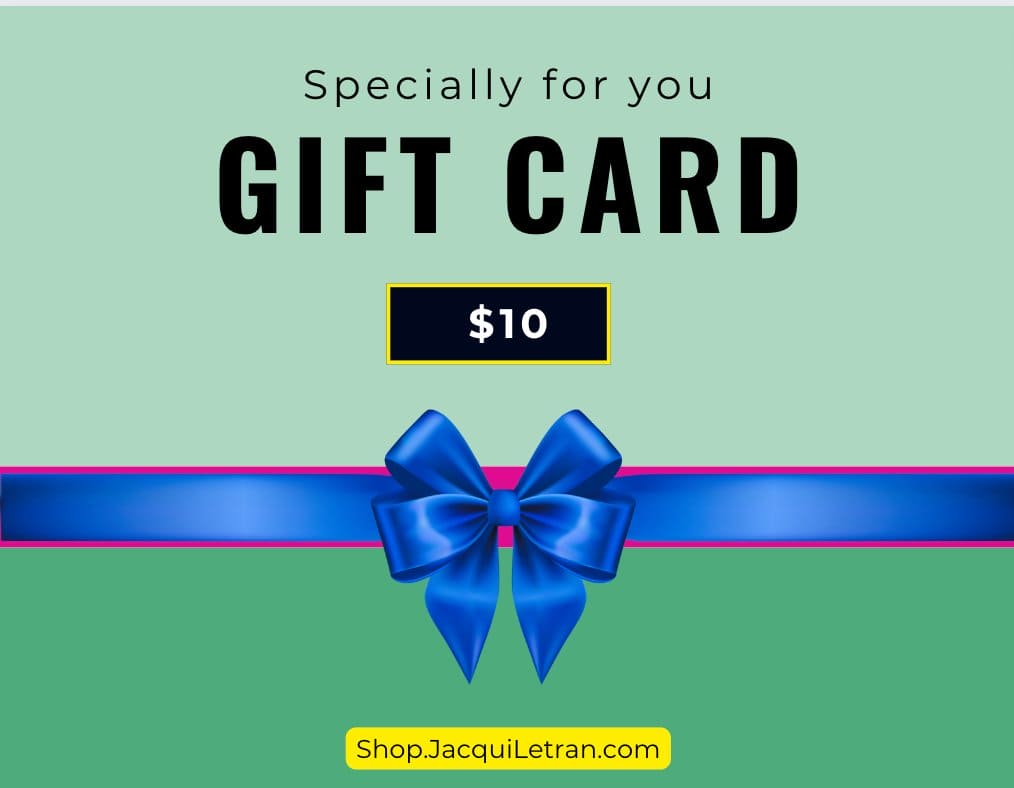 Jacqui Letran gift card in white and gold cardstock with textured surface and embossed logo, measuring 4x6 inches with