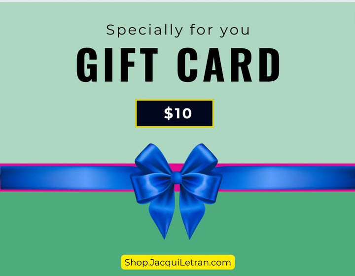 Jacqui Letran gift card in white and gold cardstock with textured surface and embossed logo, measuring 4x6 inches with