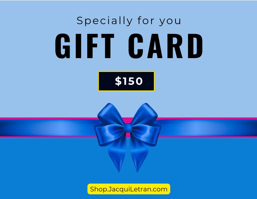 Close-up of gift card with textured embossed "Give the Gift of Choice" logo and colorful ribbon border on matte cardstock