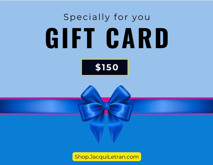 Close-up of gift card with textured embossed "Give the Gift of Choice" logo and colorful ribbon border on matte cardstock